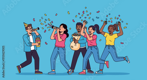 Diverse Group of Happy Young Adults Celebrating and Dancing Energetically at a Party on Blue Background