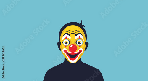Vibrant Clown Face with Red Nose and Makeup on Bright Blue Background