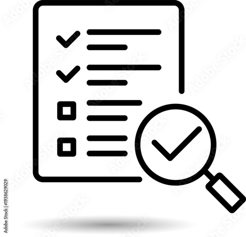 Detailed checklist icon with magnifying glass examining a list with checked items on a document