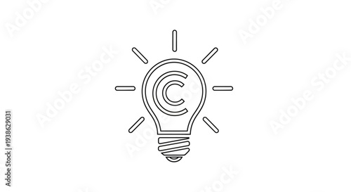 Line Art of Light Bulb with Copyright Symbol Inside, isolated white background.