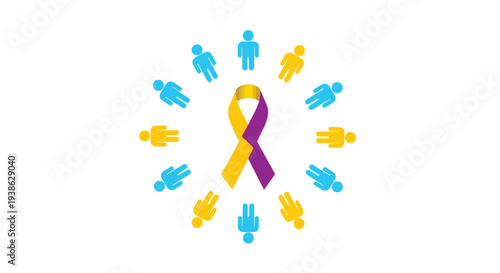 People surrounding a ribbon symbolizing support and awareness for a cause