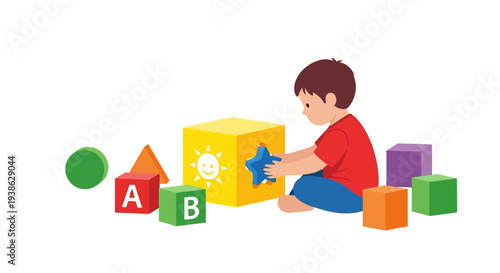 Young Boy Playing with Colorful Building Blocks and Letters A B, isolated white background.