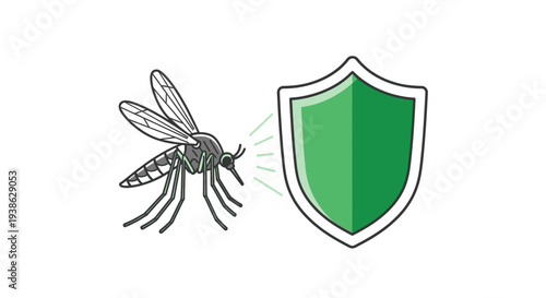 Mosquito Next to a Green Shield Symbol, isolated white background.