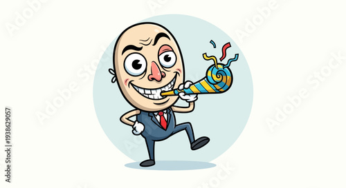 Happy Man with Big Smile Blowing a Party Horn, in bright studio.