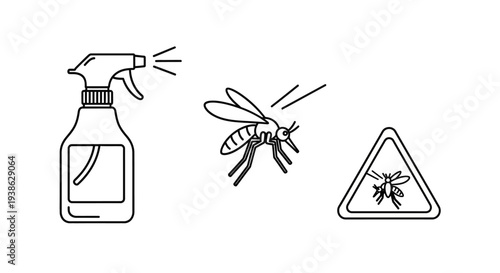 Line Art of Mosquito Repellent Spray, Flying Mosquito, and Warning Sign, isolated white background.