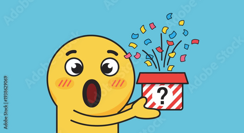 Shocked Emoji Character Holding an Exploding Mystery Box with Confetti, blue background.