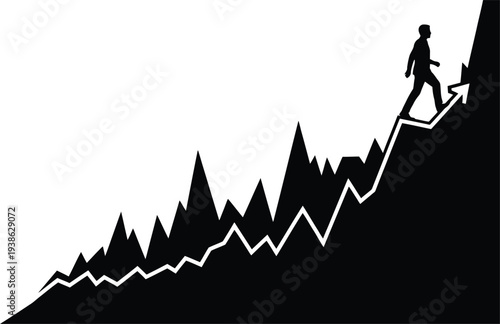 A person climbing a steep zigzagging mountain path with determination and perseverance