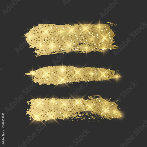 Vector set of three luxury golden brush strokes with glitter texture and shimmering sparkles. Smears with bright lens flares and glowing particles on a dark gray background elements for premium brandi