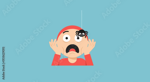 Terrified Person with a Spider Hanging on Their Head, blue background.