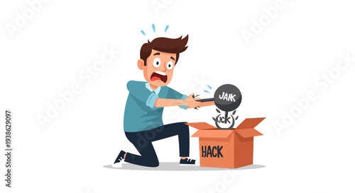 Shocked Man Reacting to 'Hack' and 'Jail' Symbols in a Box, in bright studio.