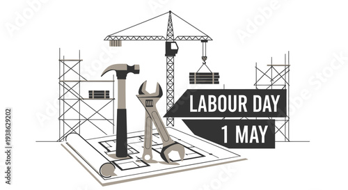 Vector illustration of Labour Day tools and construction site