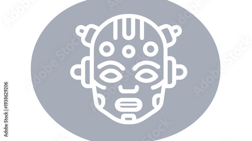A white tribal mask icon, featuring rounded facial features, set on a gray circle background