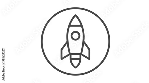 Black outline illustration of a rocket ship inside a circle on a white background