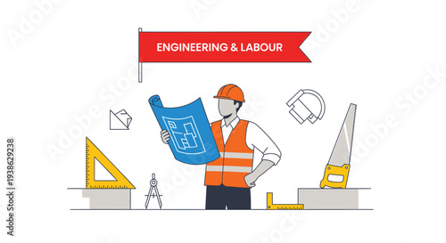 Vector illustration of engineer with construction tools