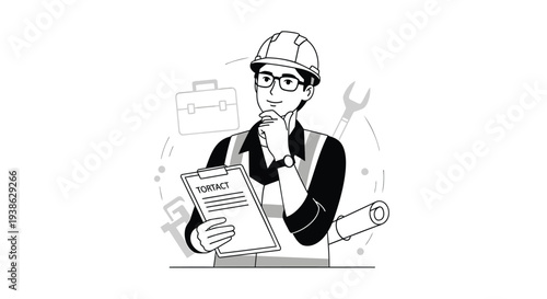Vector illustration of engineer or architect with blueprint and tools