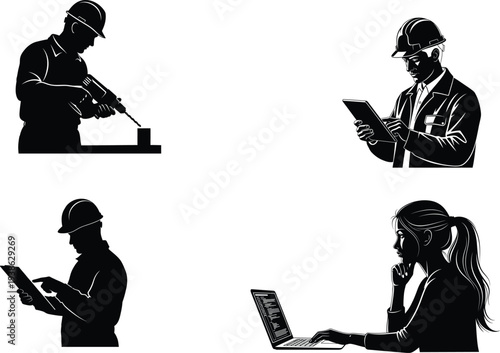 Silhouettes of people working with technology and tools in various professions