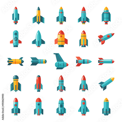 Ballistic rockets and missiles icons in various views and orientations with different colors