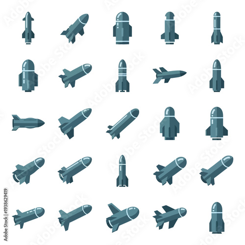 Collection of ballistic missiles and rockets flying through space in various directions
