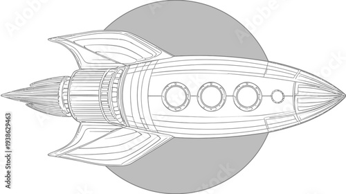 A detailed illustration of a rocket ship with portholes, wings, and a circular background