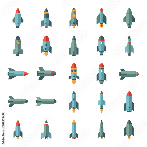 A ballistic grid of twenty assorted cartoon rockets in various orientations and designs