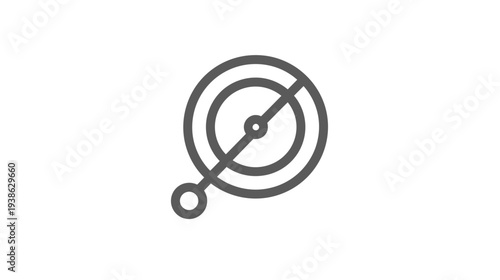 A gray graphic featuring concentric circles bisected by a diagonal line and a small circle attached