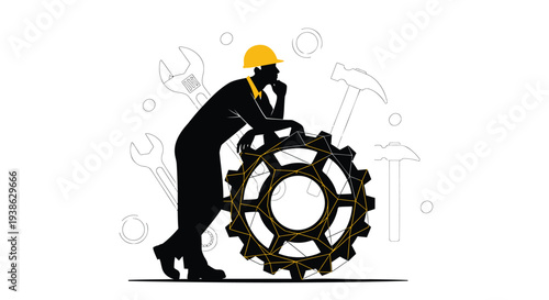 Vector illustration of worker with gear and tools