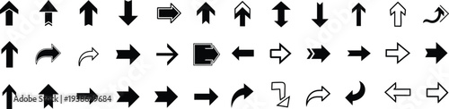 Collection of various black arrow icons in different directions and styles, vector illustration isolated on transparent background