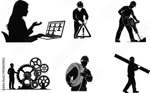 Occupational silhouettes of people performing various jobs and tasks