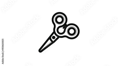 A stylized illustration of scissors, featuring black and gray elements on a white backdrop