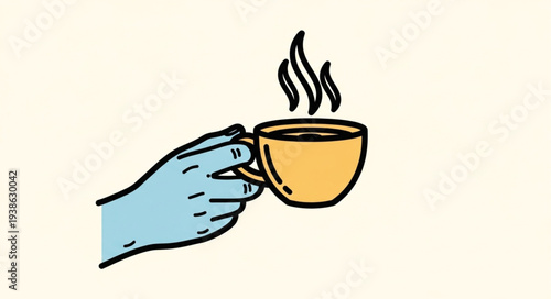 Hand holding a steaming hot cup of coffee or tea.