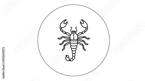 A detailed black and white illustration of a scorpion inside a simple circular frame
