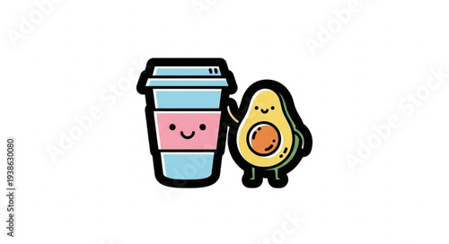 Cartoon coffee cup and avocado character illustration.