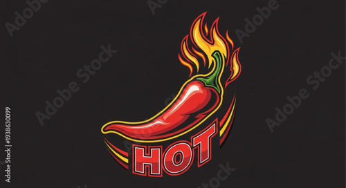 Fiery red chili pepper logo design with flames.