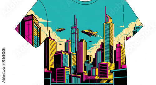 Vibrant cityscape design on a teal t-shirt with skyscrapers and clouds.