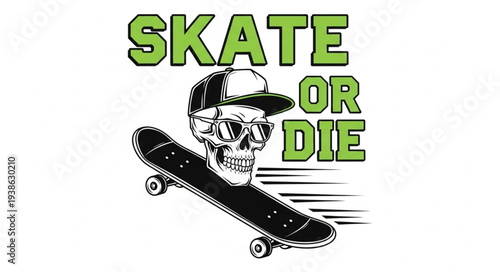 Skateboarding skull illustration with skate or die phrase.
