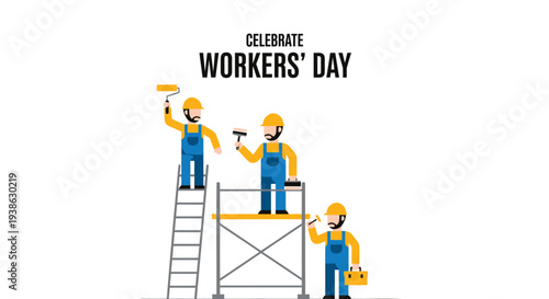 Vector illustration of 3 workers on scaffolding celebrating Workers' Day