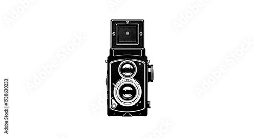 Vintage Style Twin Lens Reflex Camera with Detailed Viewfinder and Lens.
