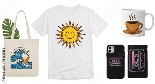 Assorted merchandise with various designs and products.