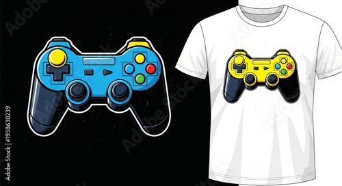Colorful gamepad designs on black background and white t-shirt.