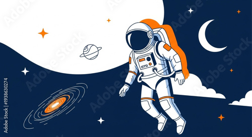 Astronaut floating in space with orange backpack and stars.