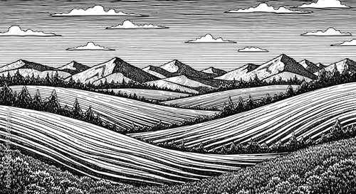 Serene landscape of rolling hills and majestic mountains in a beautiful valley