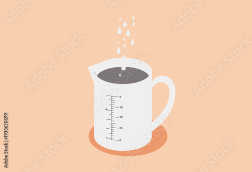 Illustration of a White Measuring Cup with a Handle Containing Dark Liquid and Droplets Falling Against a Light Orange Background