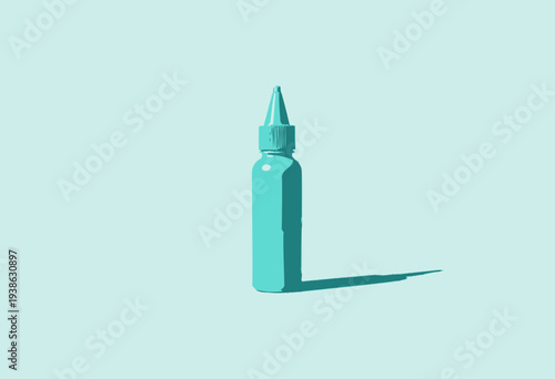 Minimalist image of a single teal-colored plastic squeeze bottle with a pointed cap casting a shadow on a matching teal background