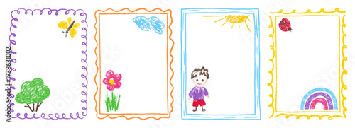 Kindergarten border box with frame crayon pastel for kid pencil text. Drawn drawing shape with heart birthday cute for child childish day. Gift kids kindergarten with doodle frame chalk.