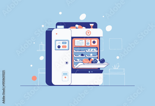 Futuristic Automated Vending Machine Dispensing Fresh Healthy Food and Drinks in a Modern Minimalistic Indoor Setting