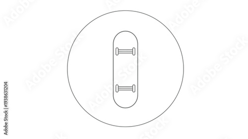 A grayscale icon featuring a skateboard inside a larger circle, all on a stark white backdrop