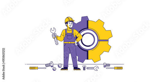 Vector illustration of a mechanic with tools and gear