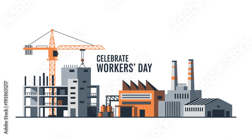 Vector illustration of industrial buildings and construction site for Workers' Day
