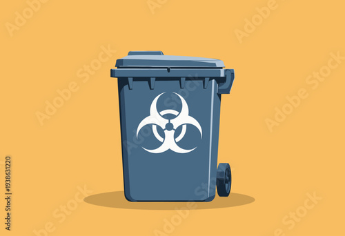 Illustration of a Blue Hazardous Waste Bin with Biohazard Symbol Indicating Safe Disposal for Hazardous and Potentially Contaminated Materials on a Yellow Background