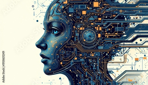 Futuristic Illustration of a Woman's Face with Circuit Board Design